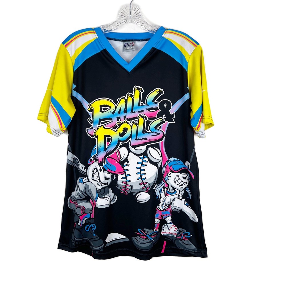 Mojo Jersey Shirt Adult Medium Multicolor Balls & Dolls Graphic V-Neck Active
